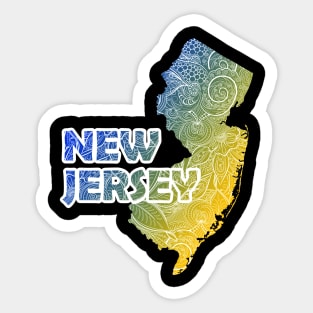 Colorful mandala art map of New Jersey with text in blue and yellow Sticker